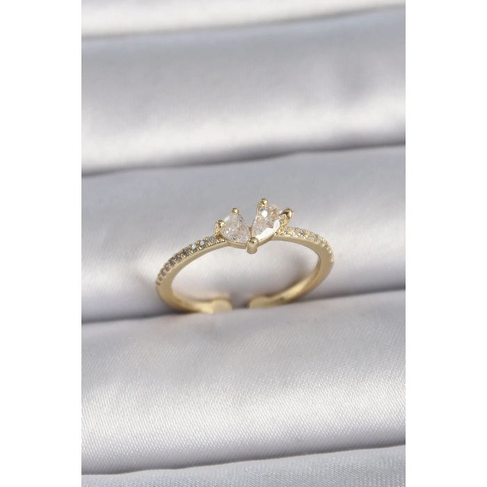 Erb Pirinç Gold Renk Ayarlanabilir Zirkon Taşlı Kalp Model Kadın Yüzük