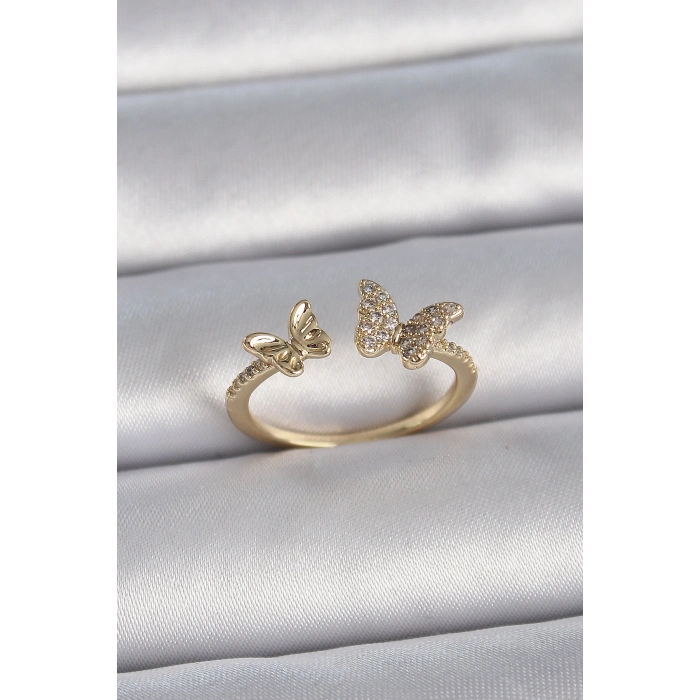 Erb Pirinç Gold Renk Ayarlanabilir Zirkon Taşlı Kelebek Model Kadın Yüzük