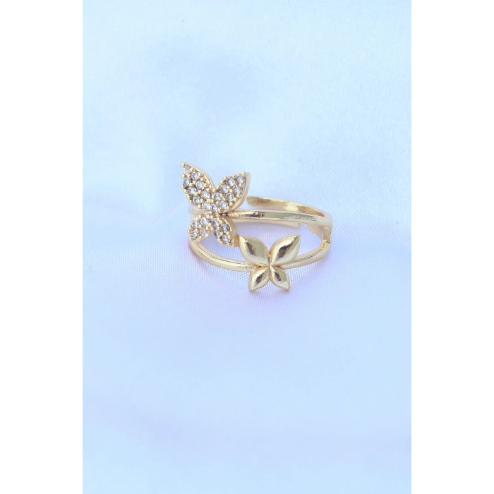 Erb Pirinç Gold Renk Ayarlanabilir Zirkon Taşlı Kelebek Yüzük