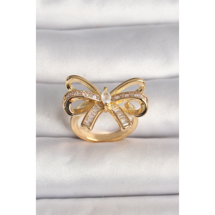 Erb Pirinç Gold Renk Ayarlanabilir Zirkon Taşlı Kurdele Model Kadın Yüzük