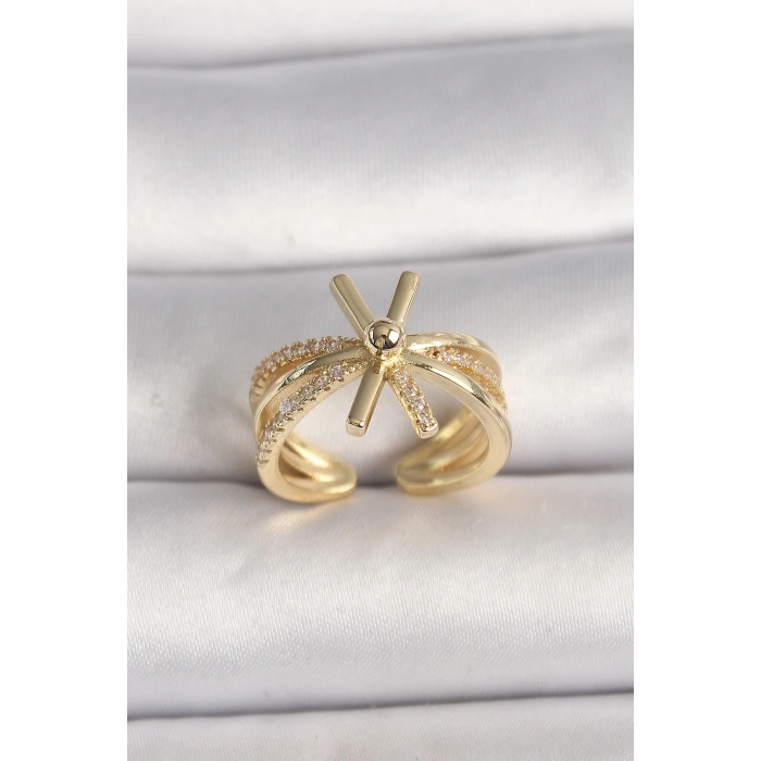 Erb Pirinç Gold Renk Ayarlanabilir Ziron Taşlı Kadın Yüzük