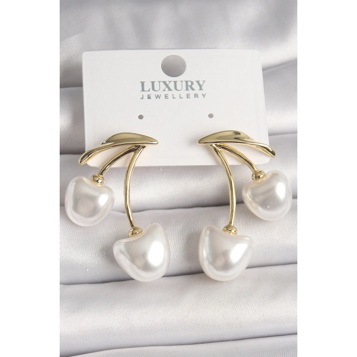 Erb Pirinç Gold Renk Beyaz İnci Kiraz Model Kadın Küpe