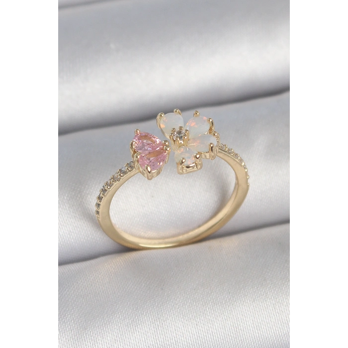 Erb Pirinç Gold Renk Beyaz Mineli Pembe Zirkon Taşlı Çiçek Model Kadın Yüzük