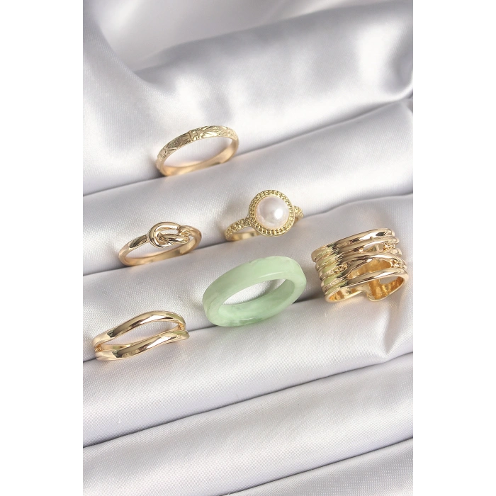 Erb Pirinç Gold Renk Düğüm Model İncili İşlemeli Plaka Model 6'Lı Kadın Yüzük Seti