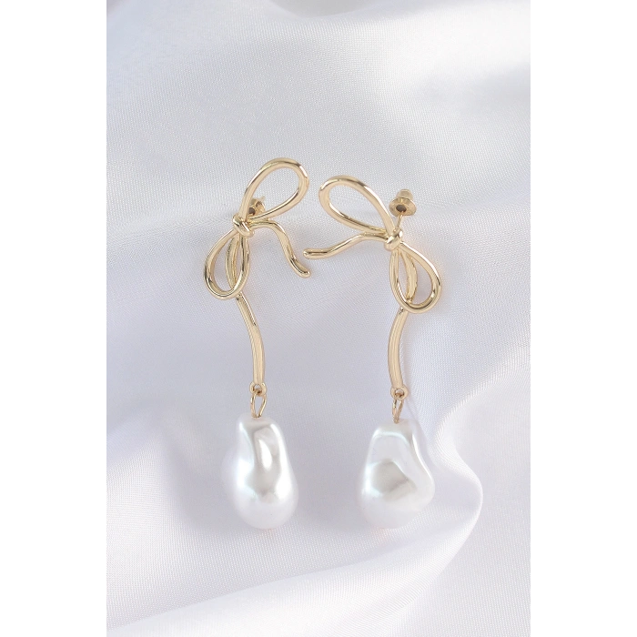 Erb Pirinç Gold Renk Fiyonk Model İnci Taşlı Uzun Küpe