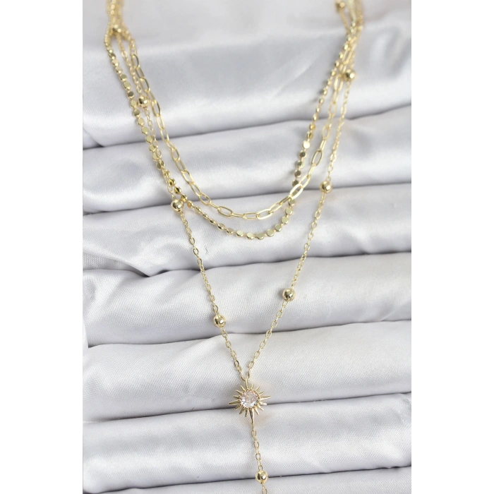 Erb Pirinç Gold Renk Güneş Model Detaylı 3'lü Kombin Y Kadın Kolye