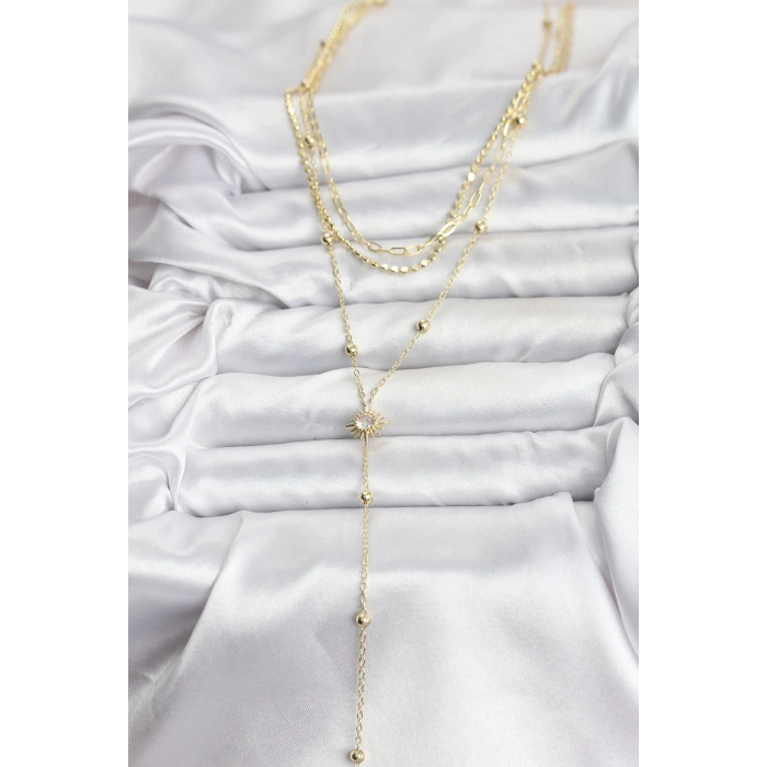 Erb Pirinç Gold Renk Güneş Model Detaylı 3'lü Kombin Y Kadın Kolye