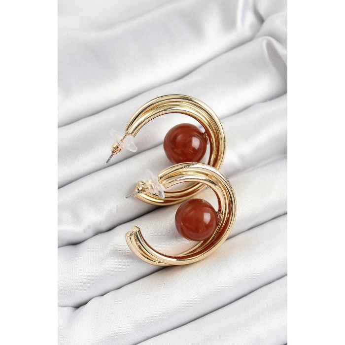 Erb Pirinç Gold Renk Halka Model Kahverengi Boncuk Detay Kadın Küpe