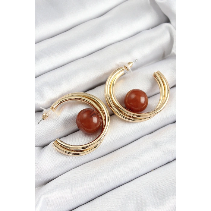 Erb Pirinç Gold Renk Halka Model Kahverengi Boncuk Detay Kadın Küpe