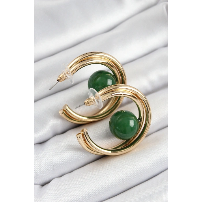 Erb Pirinç Gold Renk Halka Model Yeşil Boncuk Detay Kadın Küpe