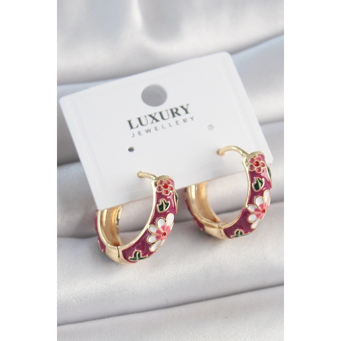 Erb Pirinç Gold Renk Halka Mor Çiçek Mineli Kadın Küpe