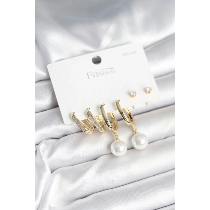 Erb Pirinç Gold Renk İnci Detaylı 925 Ayar Gümüş Çivili Kadın Küpe Seti