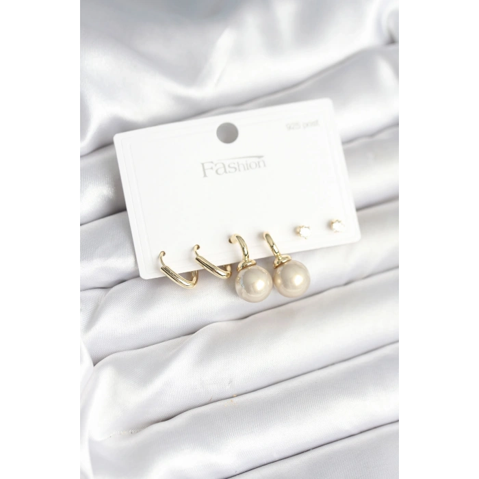 Erb Pirinç Gold Renk İnci Detaylı 925 Gümüş Çivili Kadın Küpe Seti