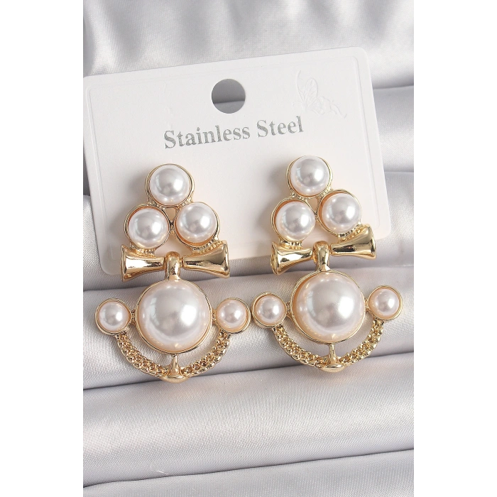 Erb Pirinç Gold Renk İncili Çapa Model Kadın Küpe