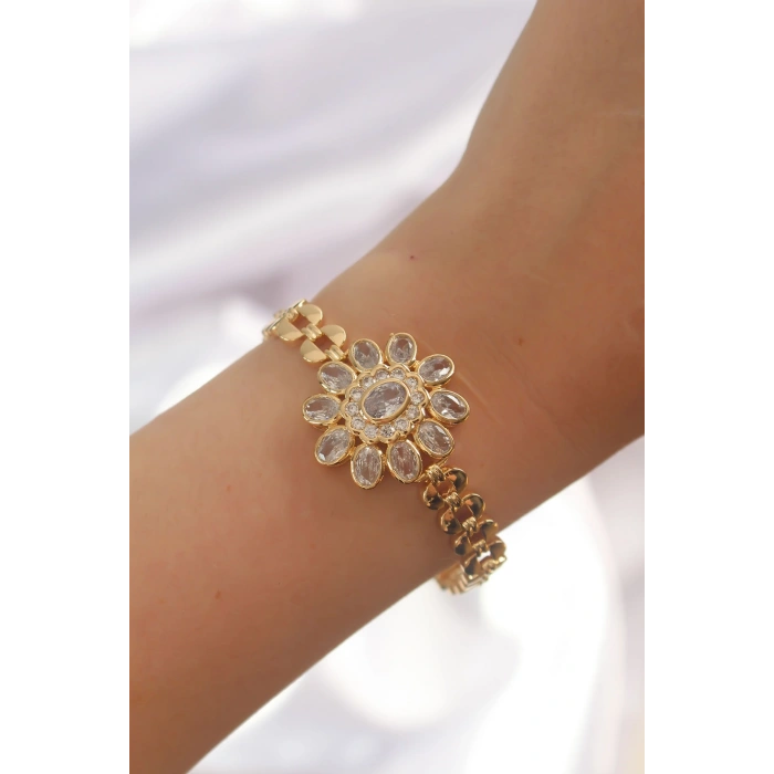 Erb Pirinç Gold Renk İri Zirkon Taşlı Çiçek Figürlü Bileklik