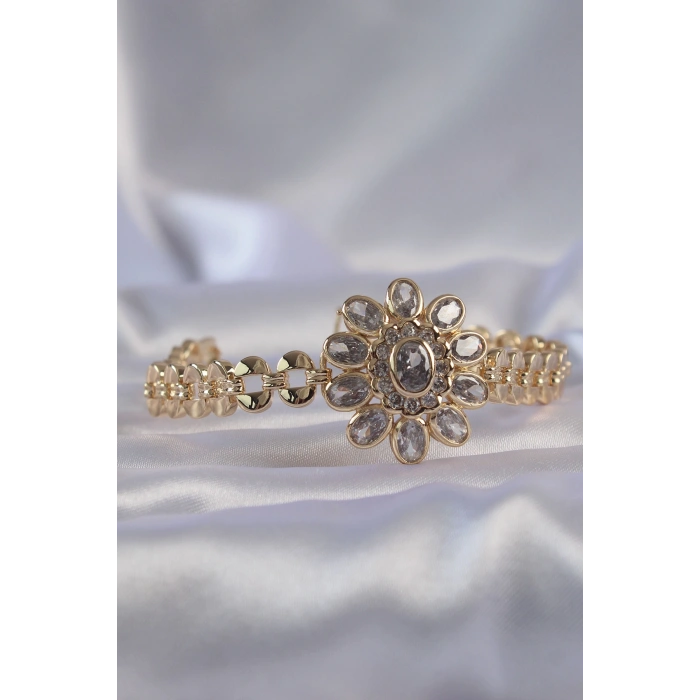 Erb Pirinç Gold Renk İri Zirkon Taşlı Çiçek Figürlü Bileklik