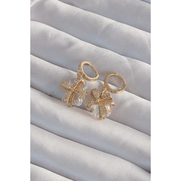 Erb Pirinç Gold Renk İri Zirkon Taşlı Fiyonk Model Halka Küpe