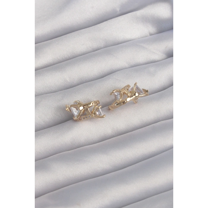 Erb Pirinç Gold Renk İri Zirkon Taşlı Kıvrımlı Minimal Kelebekli Halka Küpe