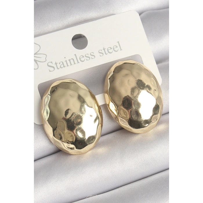 Erb Pirinç Gold Renk İşlemeli Bombe Oval Model Kadın Küpe