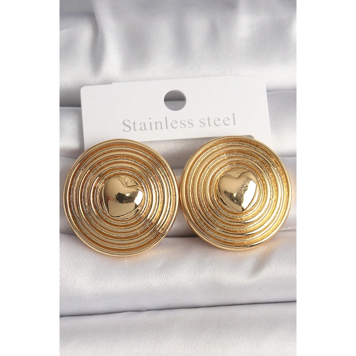 Erb Pirinç Gold Renk Kalp İşlemeli Daire Plaka Model Kadın Küpe