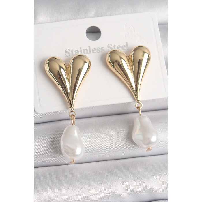 Erb Pirinç Gold Renk Kalp Model Sallantı İnci Damla Model Kadın Küpe