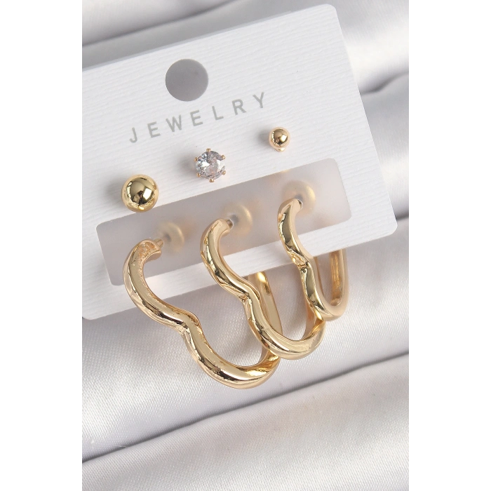 Erb Pirinç Gold Renk Kalp Model Zirkon Taşlı Topçuk Detay Kadın Küpe Seti