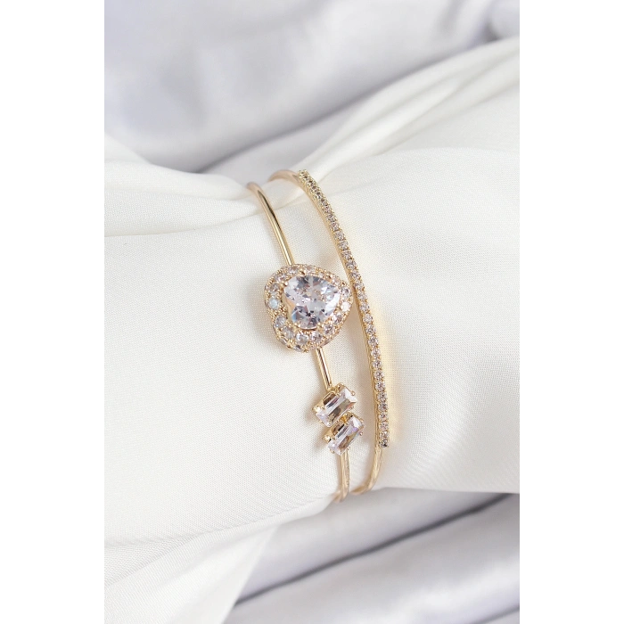 Erb Pirinç Gold Renk Kalpli Zirkon Taşlı Kadın Bileklik