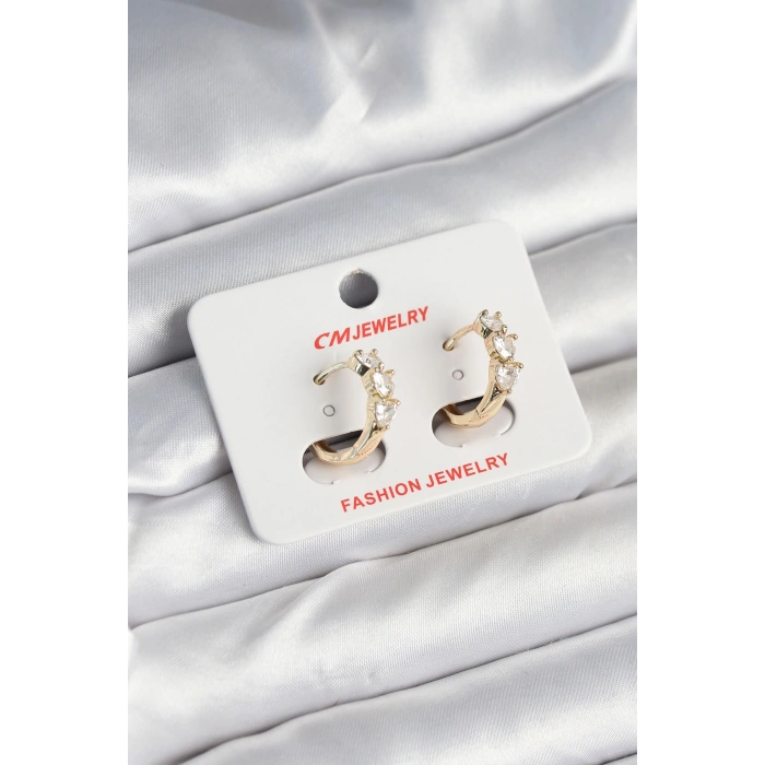 Erb Pirinç Gold Renk Kalpli Zirkon Taşlı Kadın Küpe