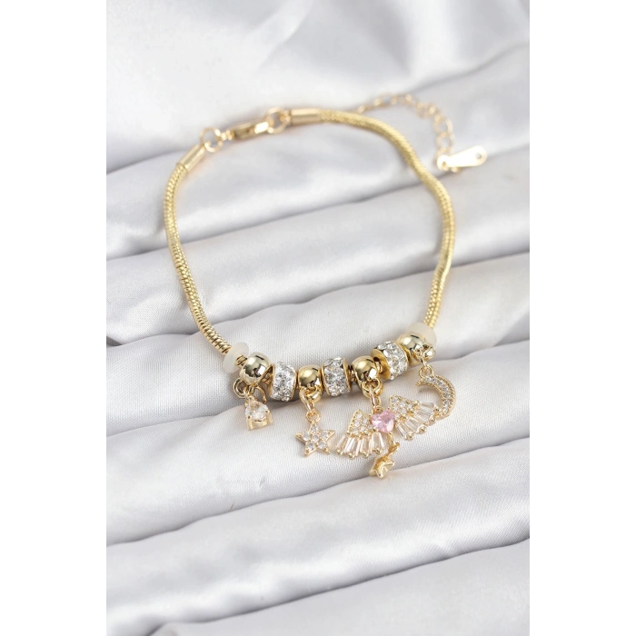 Erb Pirinç Gold Renk Kanatlı Charmlı Kadın Bileklik