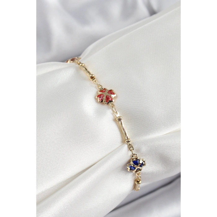 Erb Pirinç Gold Renk Karışık Renk Yonca Zirkon Taşlı Kadın Bileklik