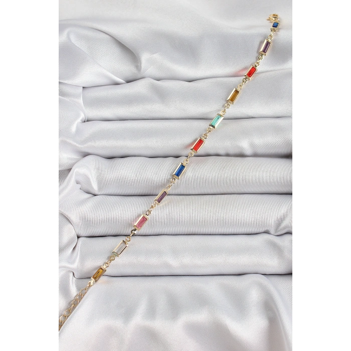 Erb Pirinç Gold Renk Karışık Renkli Kare Zirkon Taşlı Kadın Bileklik