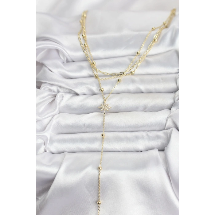 Erb Pirinç Gold Renk Kutup Yıldızı Detaylı 3'lü Kombin Kadın Kolye