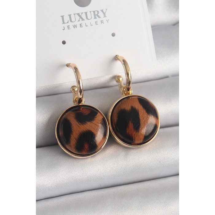 Erb Pirinç Gold Renk Leopar Desenli Daire Model Kadın Küpe