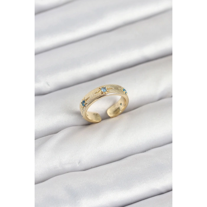 Erb Pirinç Gold Renk Mavi Zirkon Taşlı Kutup Yıldızı Model Kadın Yüzük