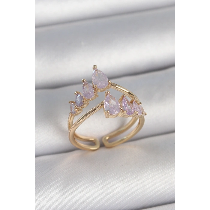 Erb Pirinç Gold Renk Mor Damla Zirkon Taşlı Taç Model Kadın Yüzük