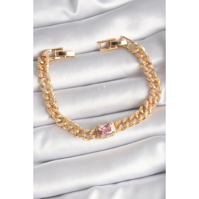 Erb Pirinç Gold Renk Pembe Kare Zirkon Taşlı VIP Seri Kadın Bileklik