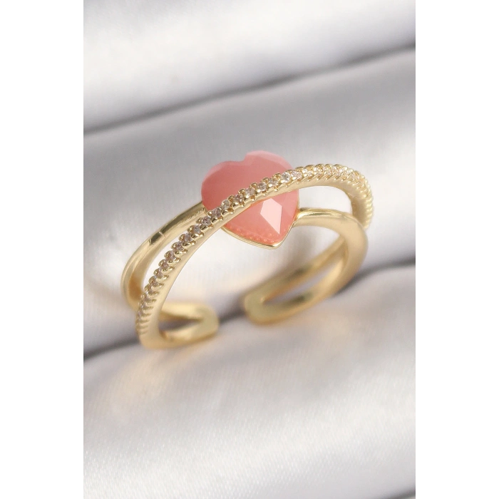 Erb Pirinç Gold Renk Pembe Kristal Kalp Model Zirkon Taş Detaylı Kadın Yüzük
