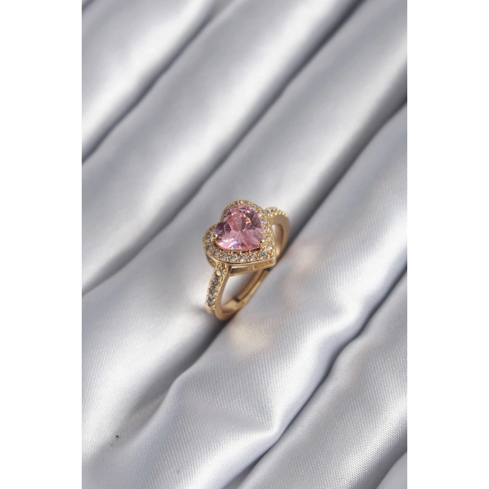 Erb Pirinç Gold Renk Pembe Zirkon Taşlı Charm Kalp Model Kadın Yüzük