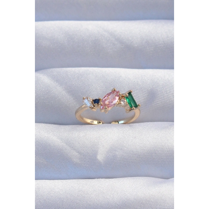 Erb Pirinç Gold Renk Renkli Zirkon Taşlı Ayarlanabilir Yüzük