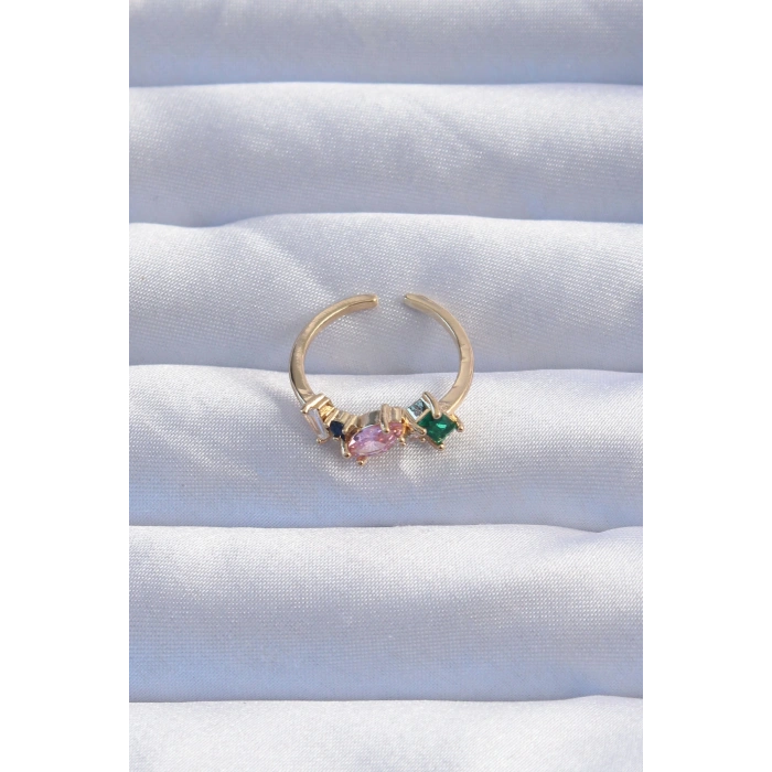 Erb Pirinç Gold Renk Renkli Zirkon Taşlı Ayarlanabilir Yüzük