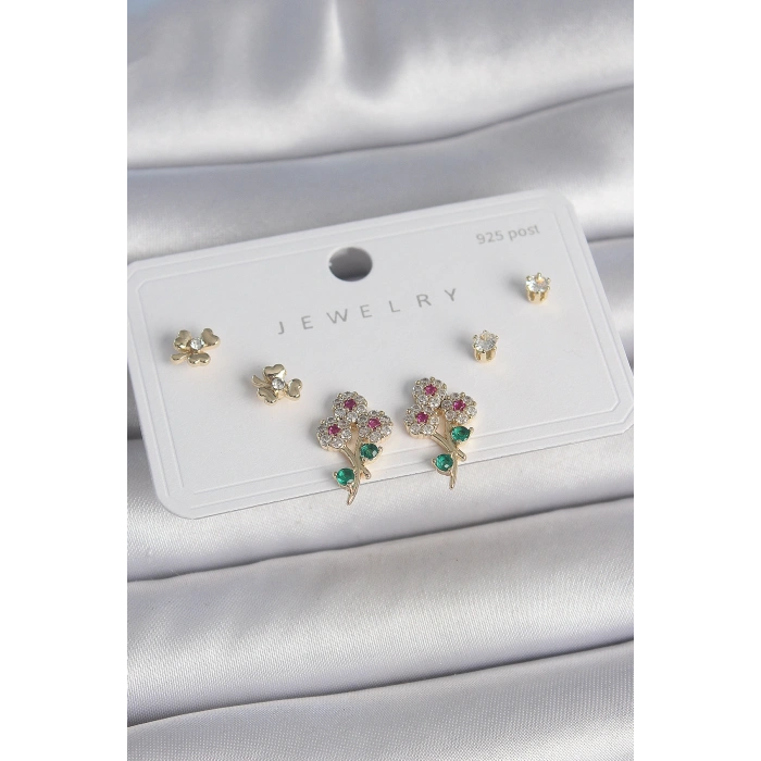 Erb Pirinç Gold Renk Renkli Zirkon Taşlı Çiçek Model Yaprak Detay 925 Ayar Gümüş Çivi Kadın Küpe Seti