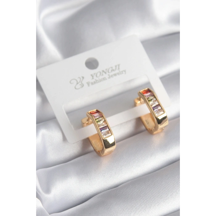 Erb Pirinç Gold Renk Renkli Zirkon Taşlı Kadın Küpe