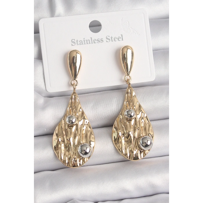 Erb Pirinç Gold Renk Sallantı Damla Model Gümüş Top Detay Kadın Küpe