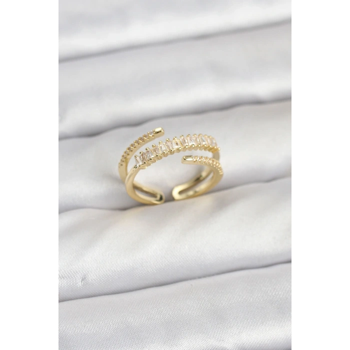 Erb Pirinç Gold Renk Sıralı Baget Zirkon Taşlı Kadın Yüzük