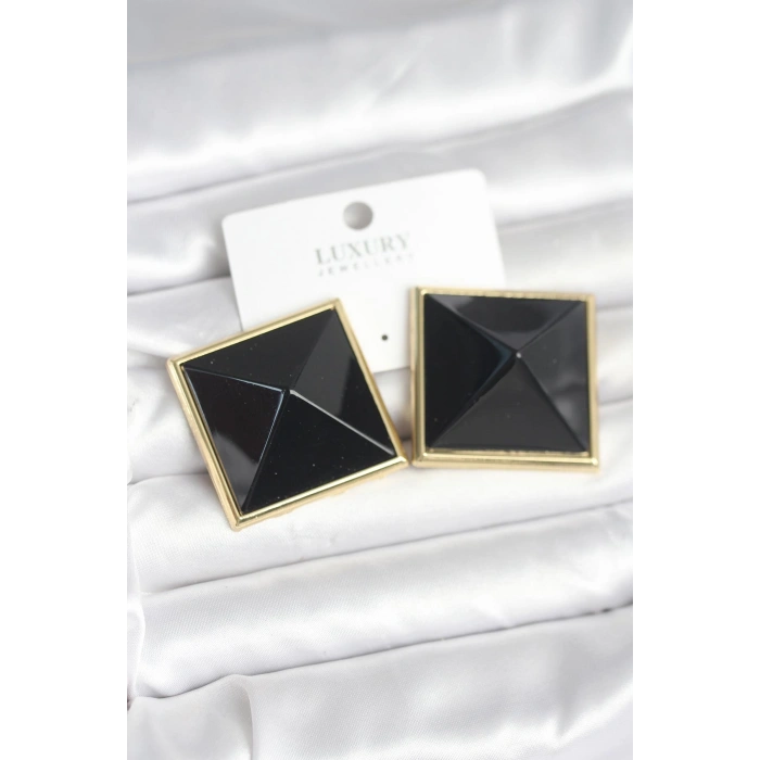 Erb Pirinç Gold Renk Siyah Piramit Model Kadın Küpe
