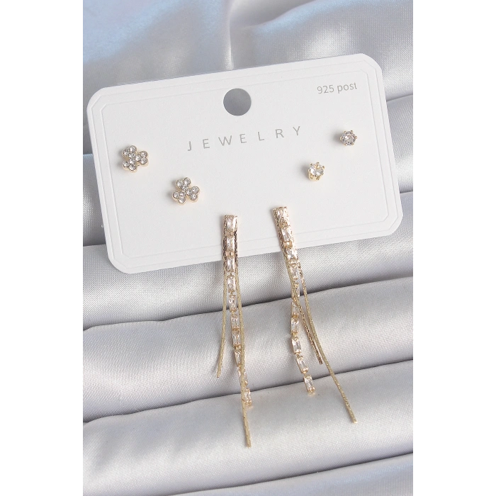 Erb Pirinç Gold Renk Su Yolu Zirkon Taşlı Sallantı Model Çiçek Detay 925 Ayar Gümüş Çivi Kadın Küpe Seti