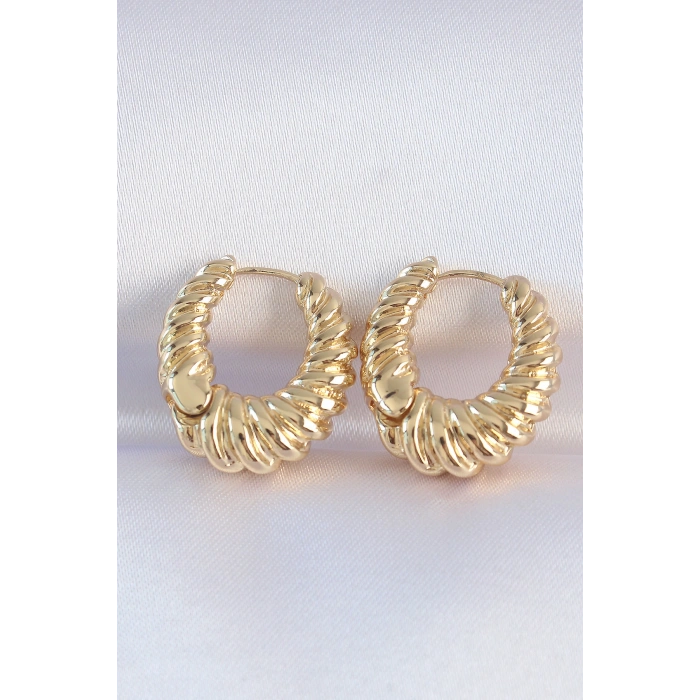 Erb Pirinç Gold Renk Tırtık Detay Bombeli Halka Küpe