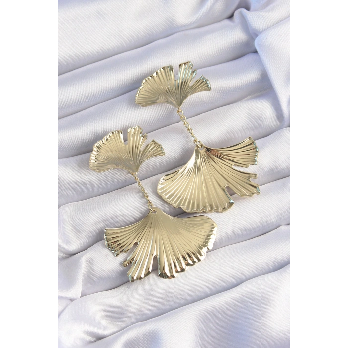 Erb Pirinç Gold Renk Tırtıklı Yaprak Model Sallantılı Küpe