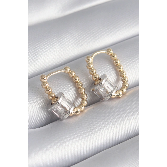 Erb Pirinç Gold Renk Top Model Gümüş Renk Zirkon Taşlı Kadın Küpe