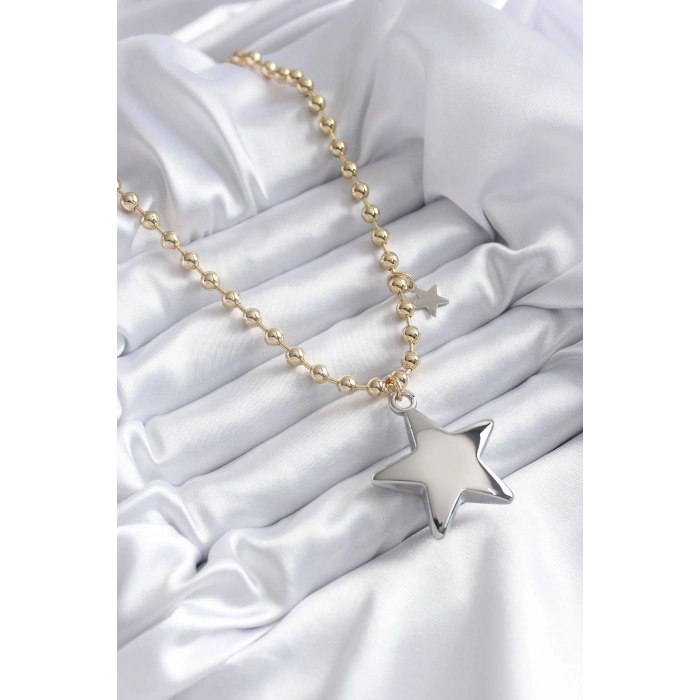 Erb Pirinç Gold Renk Topçuk Zincir Gümüş 3D Yıldız Model Yıldız Detay VİP Kadın Kolye